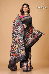 Jade Black Tulip Design Silk Kantha Saree - Reverse Stitch - Craftyle