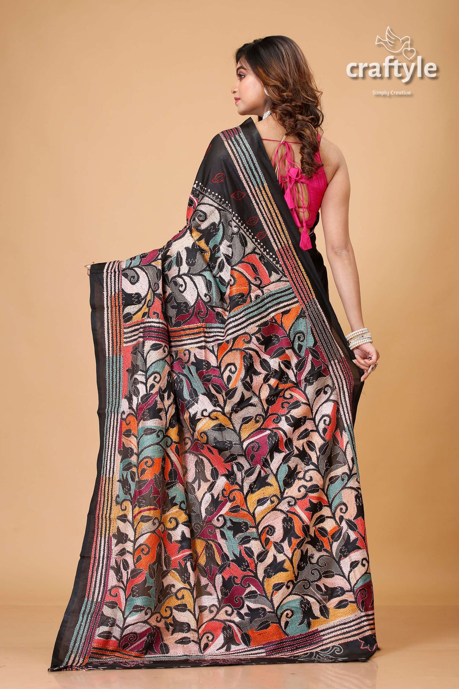 Jade Black Tulip Design Silk Kantha Saree - Reverse Stitch - Craftyle