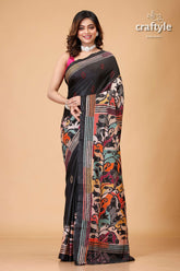 Jade Black Tulip Design Silk Kantha Saree - Reverse Stitch - Craftyle