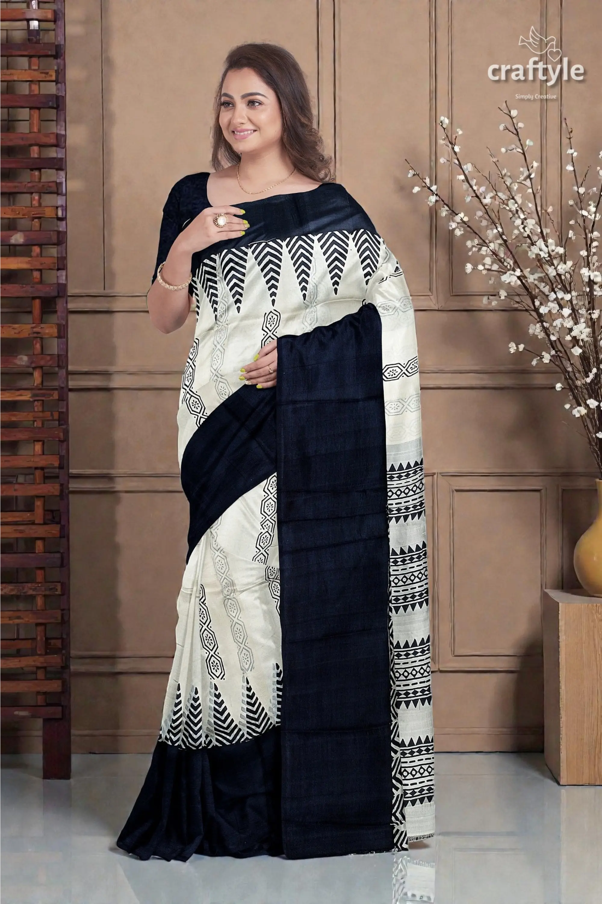 Jade black white hand block print pure mulberry silk saree - traditional indian style 3