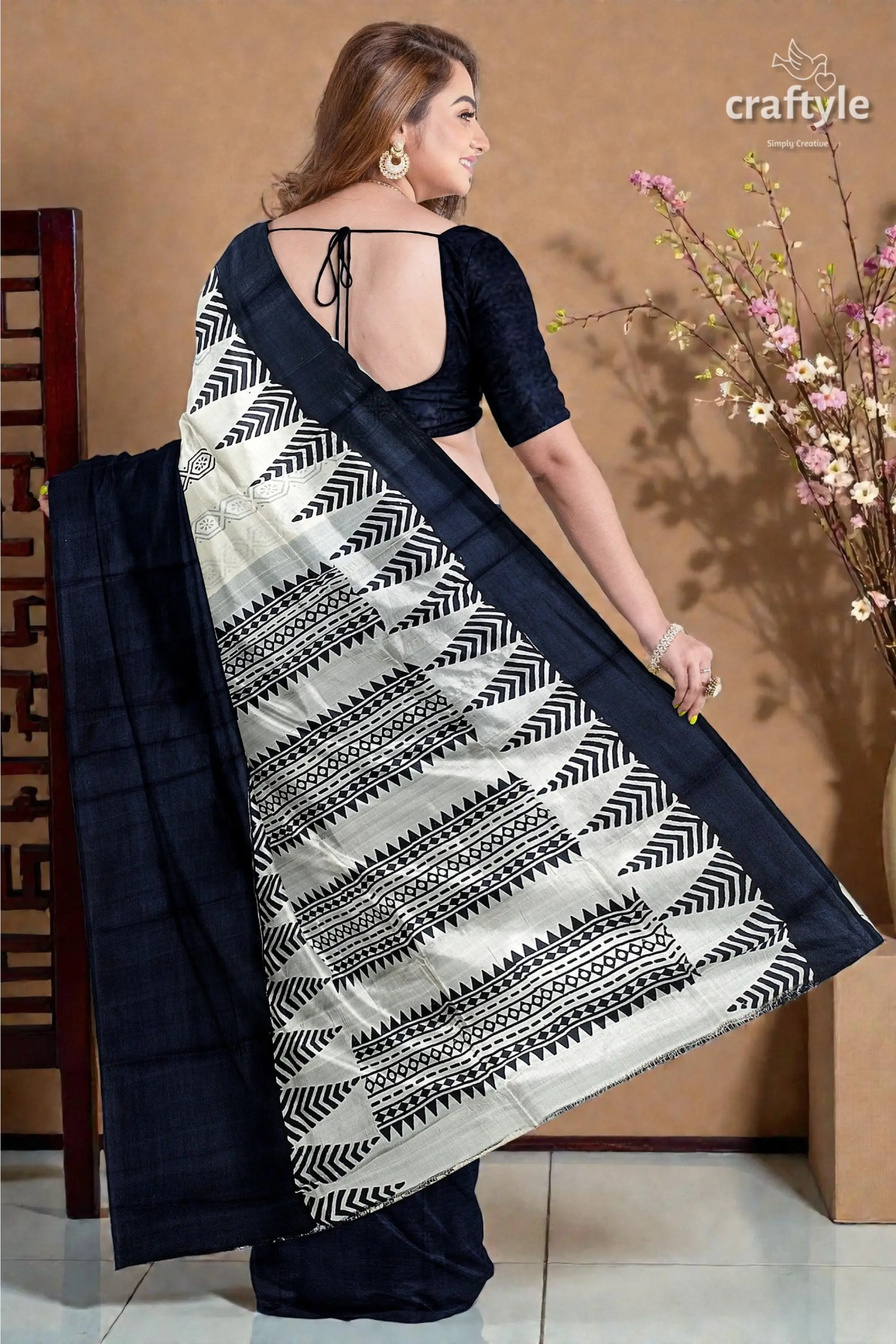 Jade black white hand block print pure mulberry silk saree - traditional indian style 6
