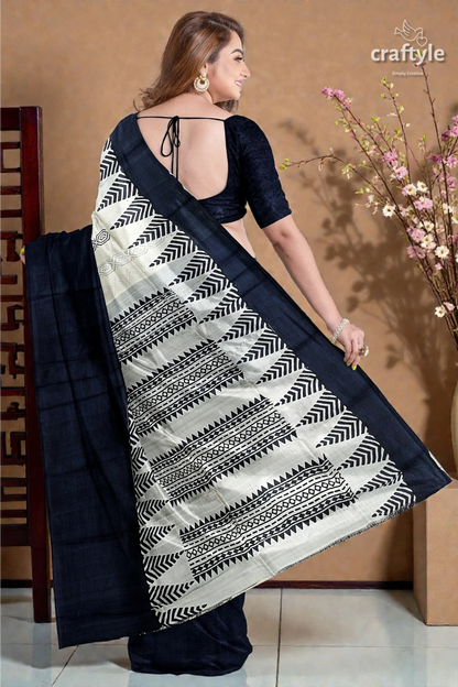 Jade black white hand block print pure mulberry silk saree - traditional indian style 6