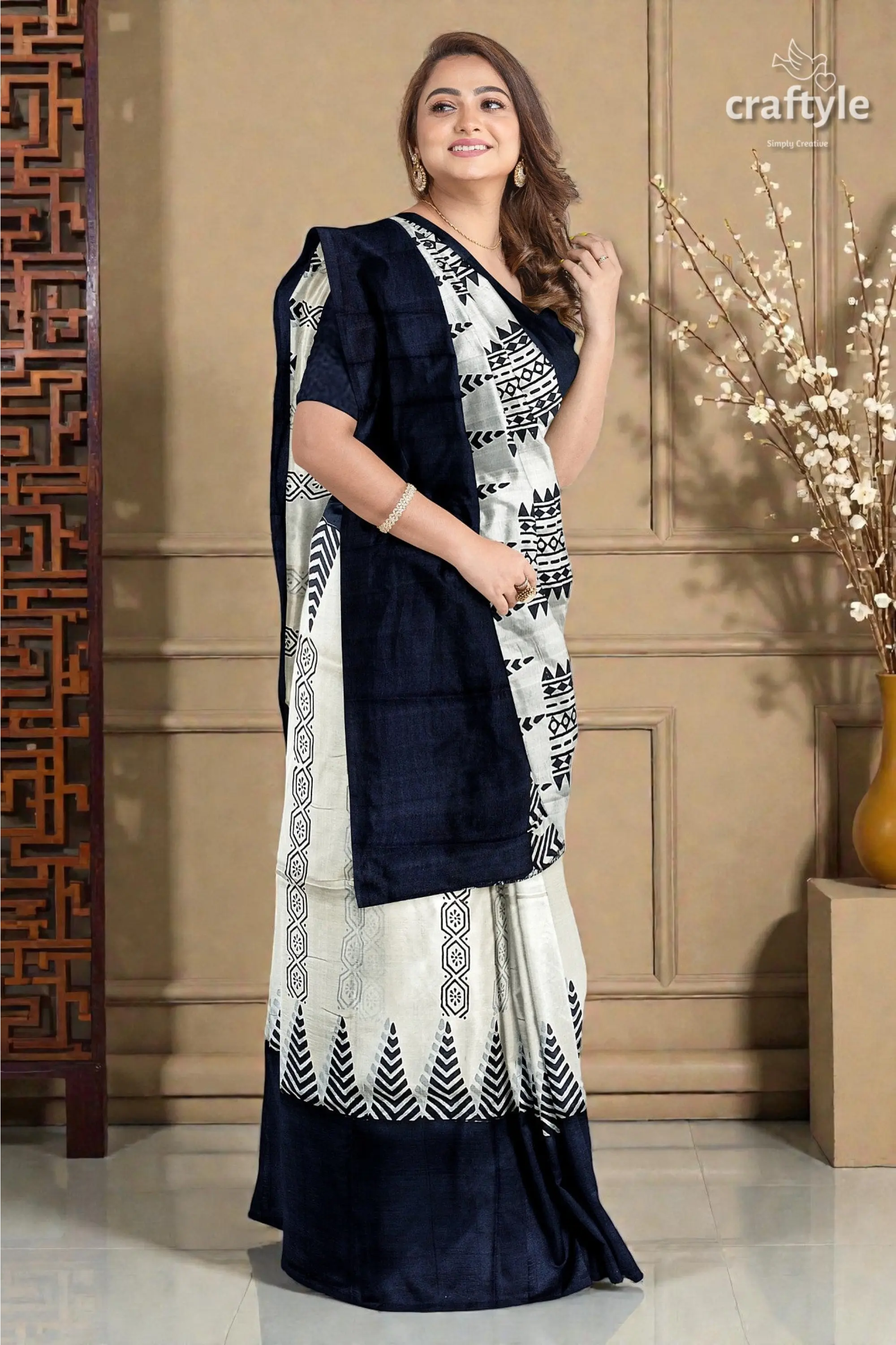 Jade black white hand block print pure mulberry silk saree - traditional indian style 5