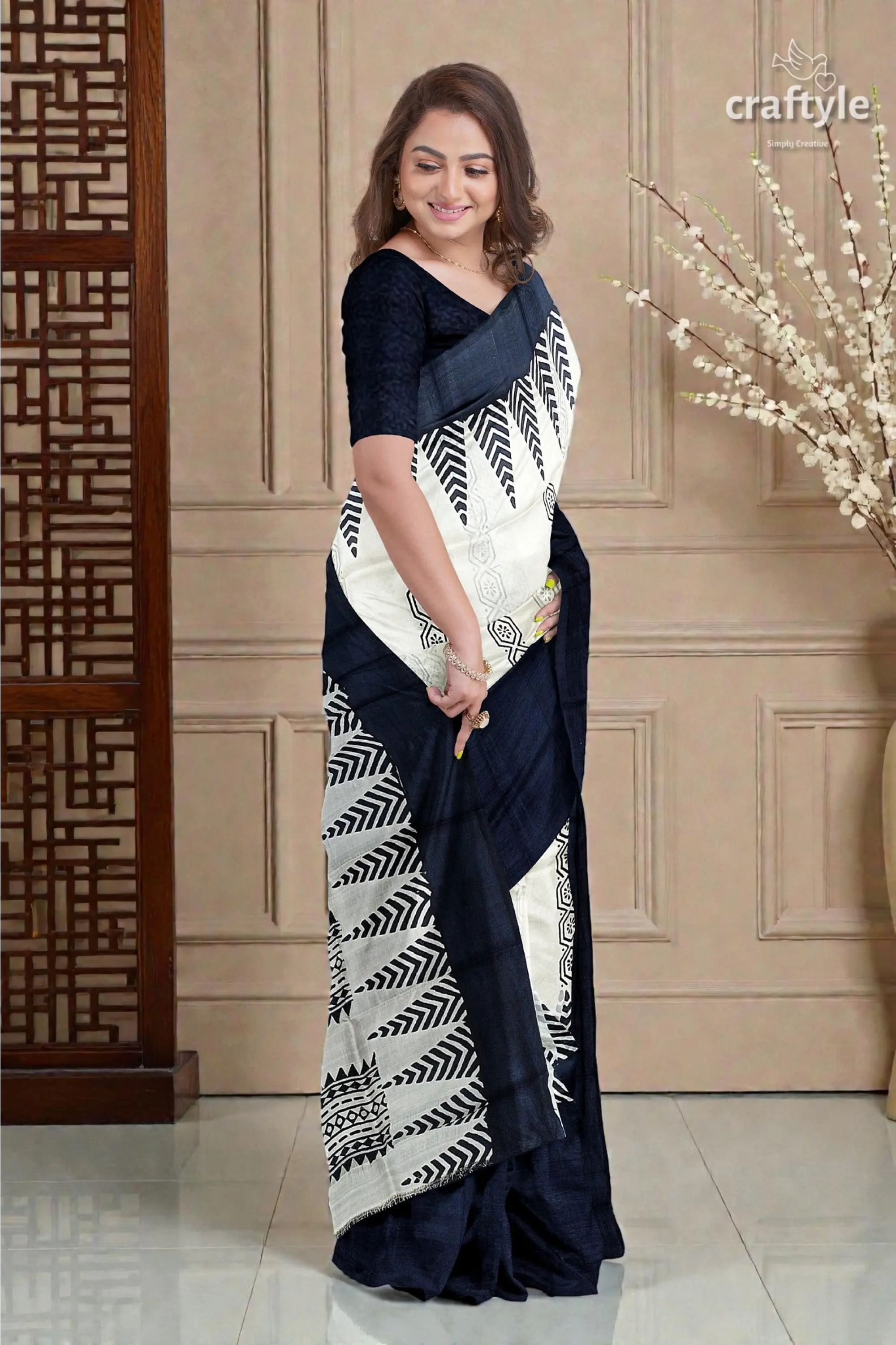 Jade black white hand block print pure mulberry silk saree - traditional indian style 4