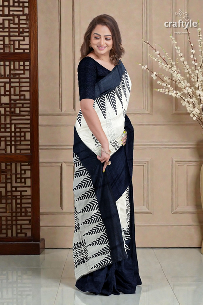 Jade black white hand block print pure mulberry silk saree - traditional indian style 4