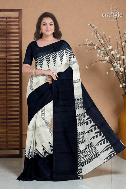 Jade black white hand block print pure mulberry silk saree - traditional indian style 2