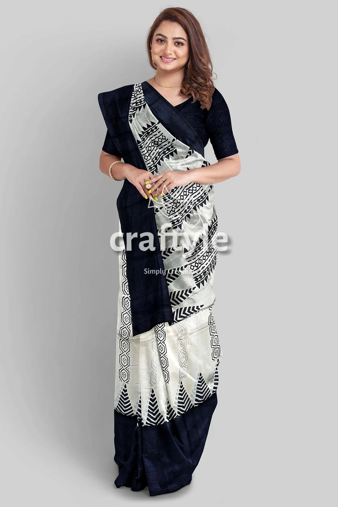 Jade black white hand block print pure mulberry silk saree - traditional indian style woman black white saree 1