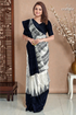 Jade black white hand block print pure mulberry silk saree - traditional indian style 1