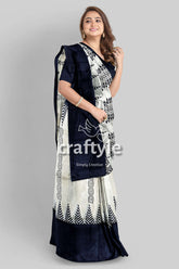 Jade Black White Hand Block Print Pure Mulberry Silk Saree - Traditional Indian Style - Craftyle