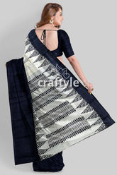 Jade Black White Hand Block Print Pure Mulberry Silk Saree - Traditional Indian Style - Craftyle