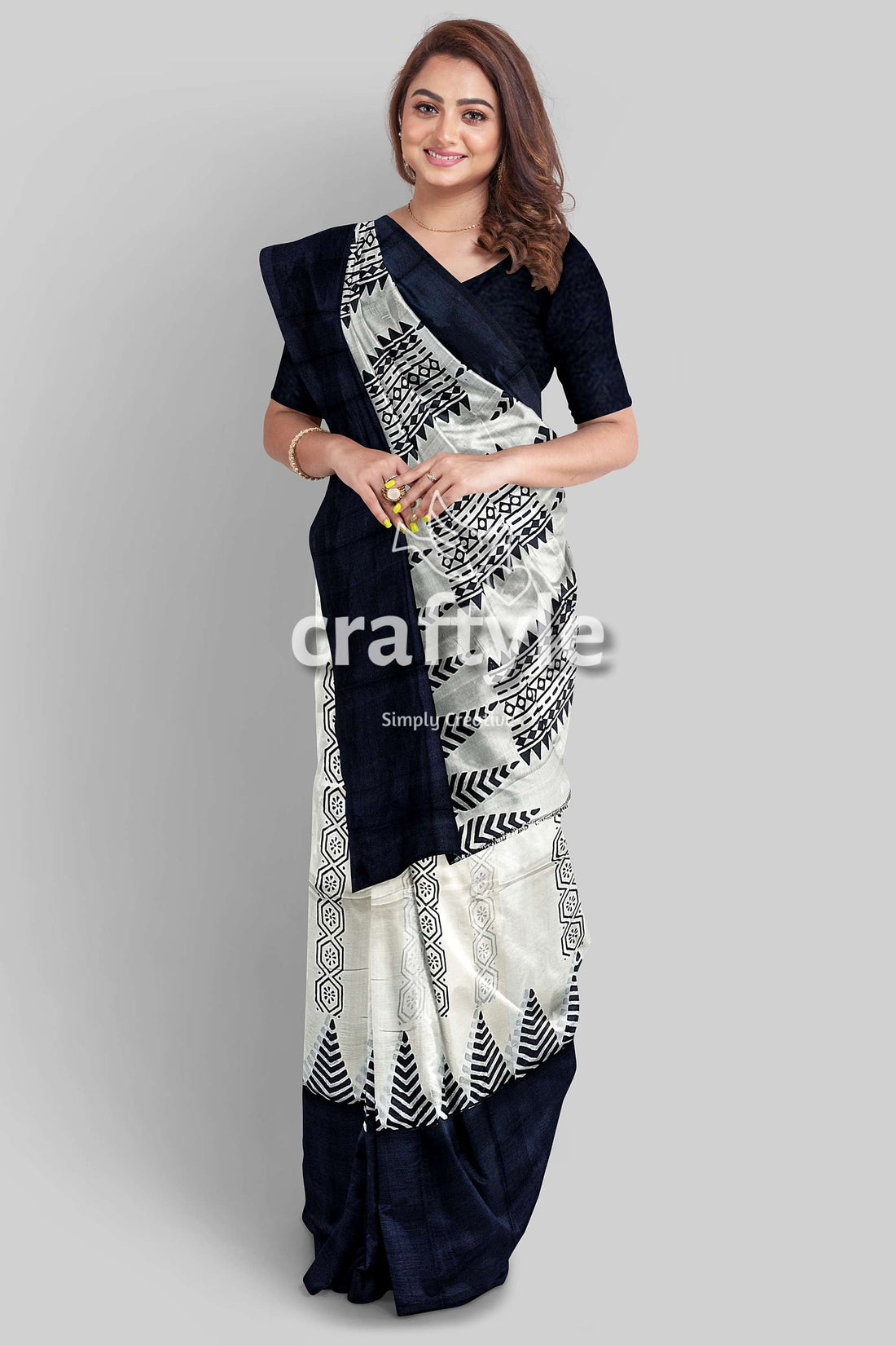 Jade Black White Hand Block Print Pure Murshidabad Silk Saree - Traditional Indian Style-Craftyle
