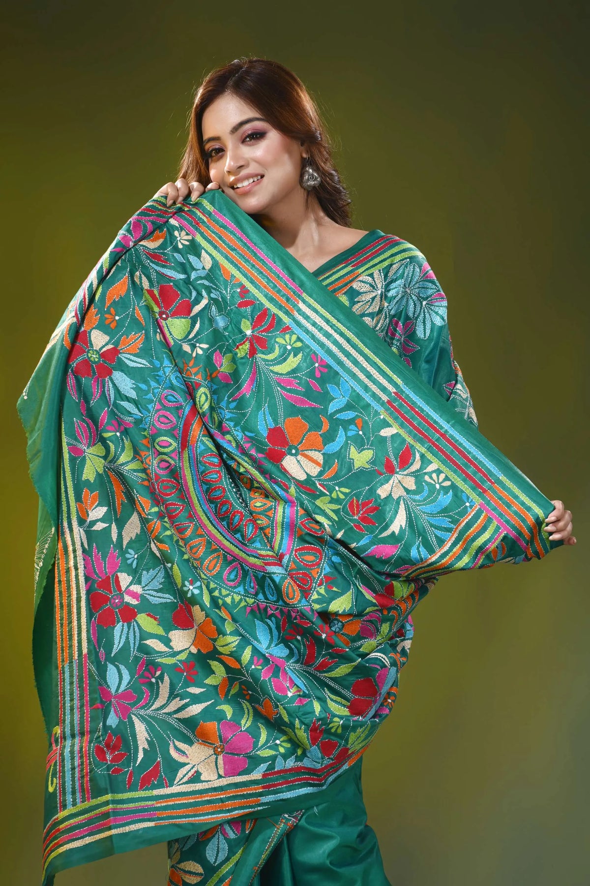 Jade green handcrafted kantha stitch silk saree floral mandala 2