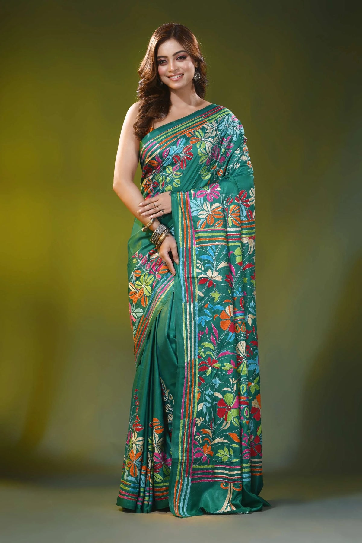 Jade green handcrafted kantha stitch silk saree floral mandala 1