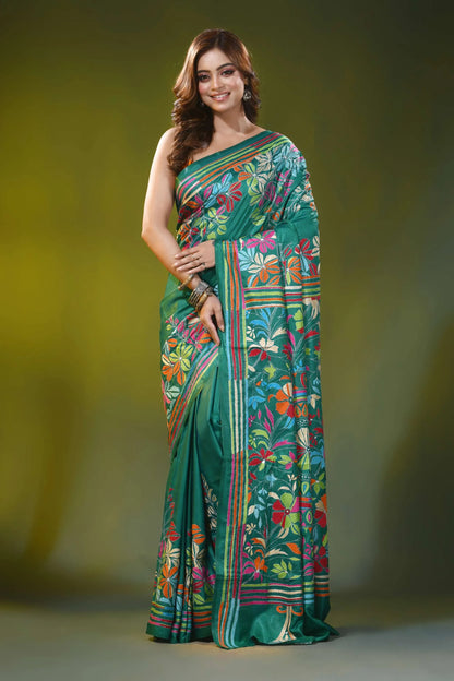 Jade green handcrafted kantha stitch silk saree floral mandala 1