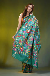 Jade green handcrafted kantha stitch silk saree floral mandala 4