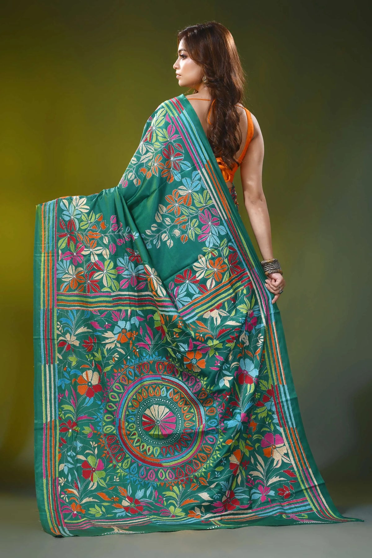 Jade green handcrafted kantha stitch silk saree floral mandala 5