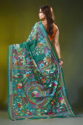 Jade green handcrafted kantha stitch silk saree floral mandala 5