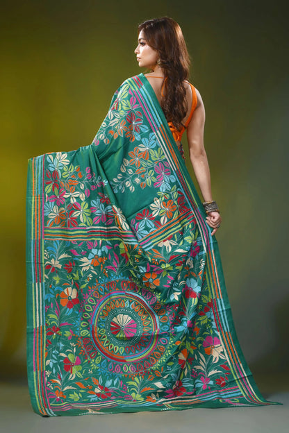 Jade green handcrafted kantha stitch silk saree floral mandala 5