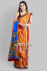 Jaffa Sky Blue Goddess Hand Batik Mulberry Pure Silk Durga Puja Sari - Craftyle
