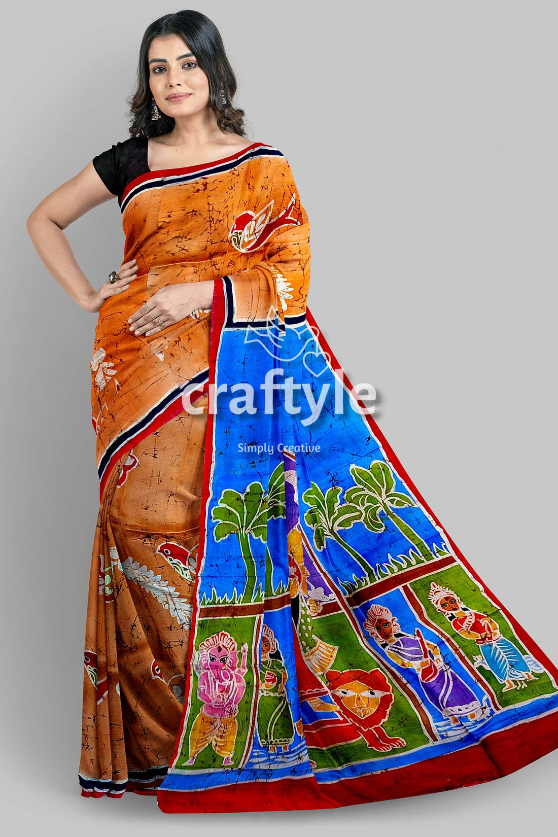 Jaffa Sky Blue Goddess Hand Batik Mulberry Pure Silk Durga Puja Sari - Craftyle