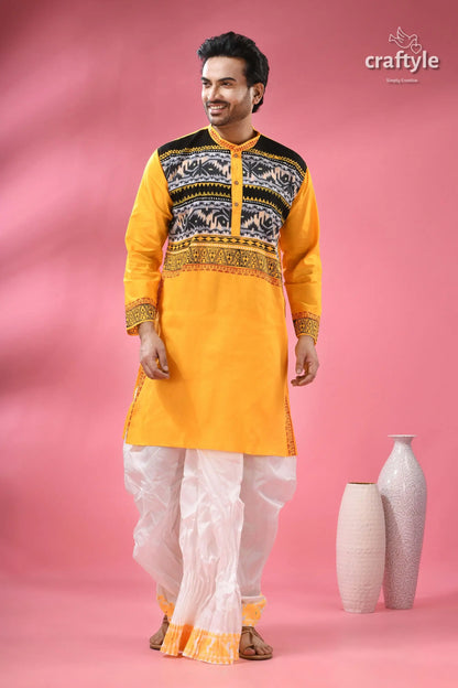 Jamdani men’s punjabi in pure cotton traditional indian men’s yellow kurta black white 4