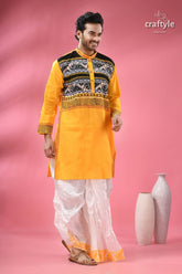 Jamdani men’s punjabi in pure cotton traditional indian men’s yellow kurta patterned black 3