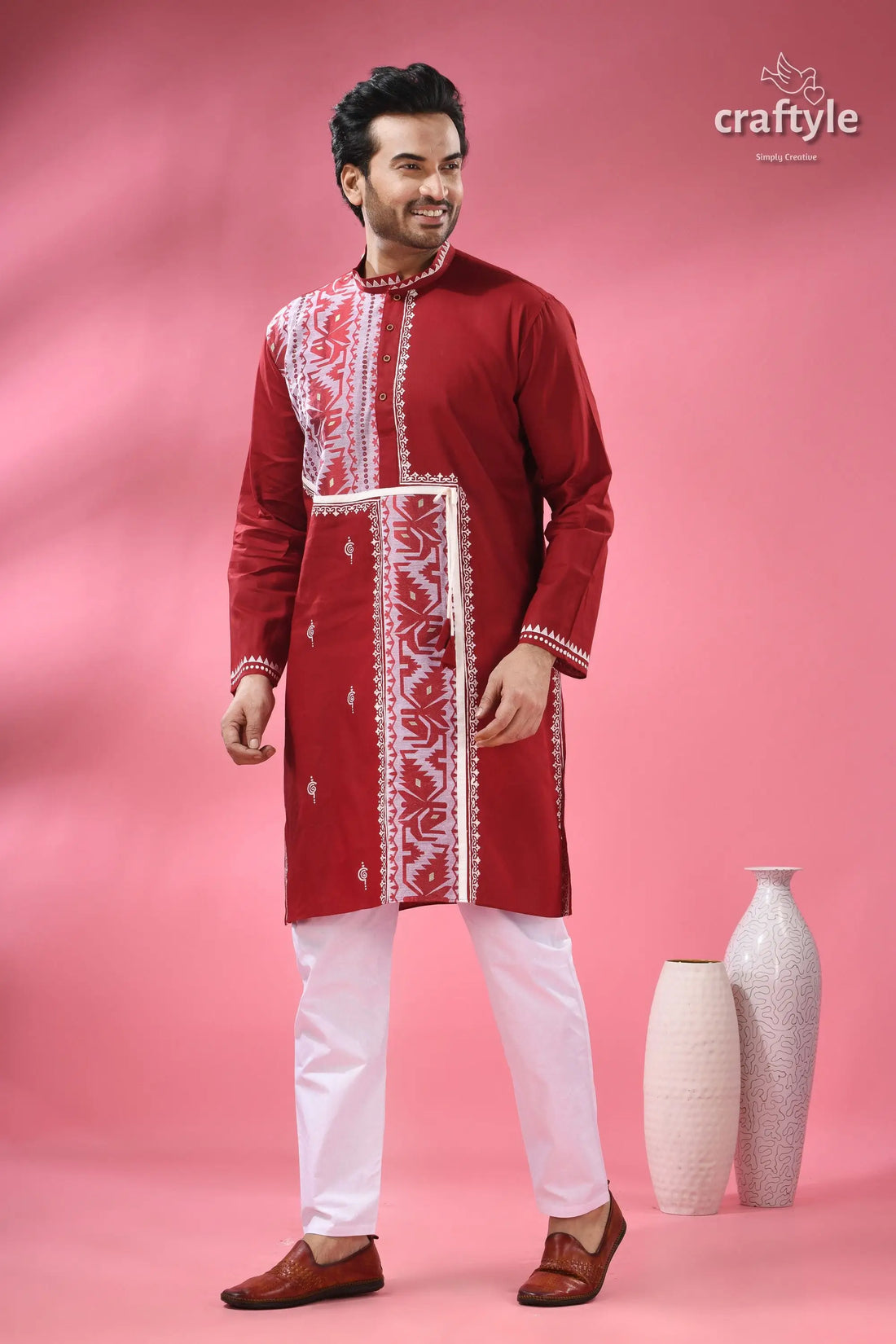 Jamdani weave cotton punjabi for men festive ethnic wear men’s red embroidered kurta white 2