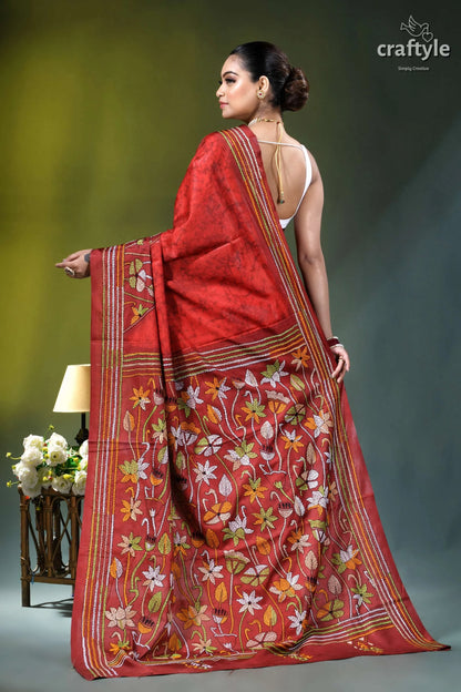 Jasper red floral design hand batik kantha silk saree rich red silk saree adorned 5