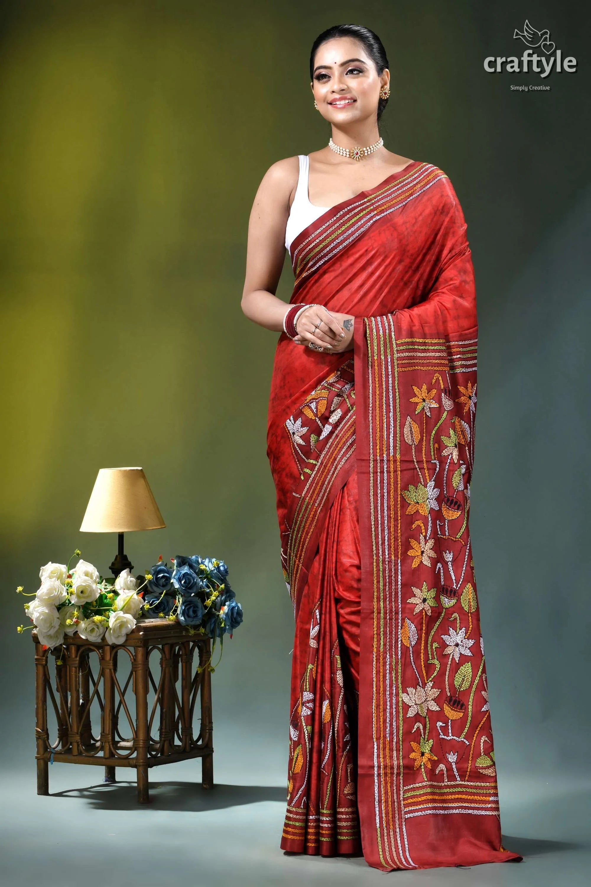 Jasper red floral design hand batik kantha silk saree rich red silk saree adorned 6