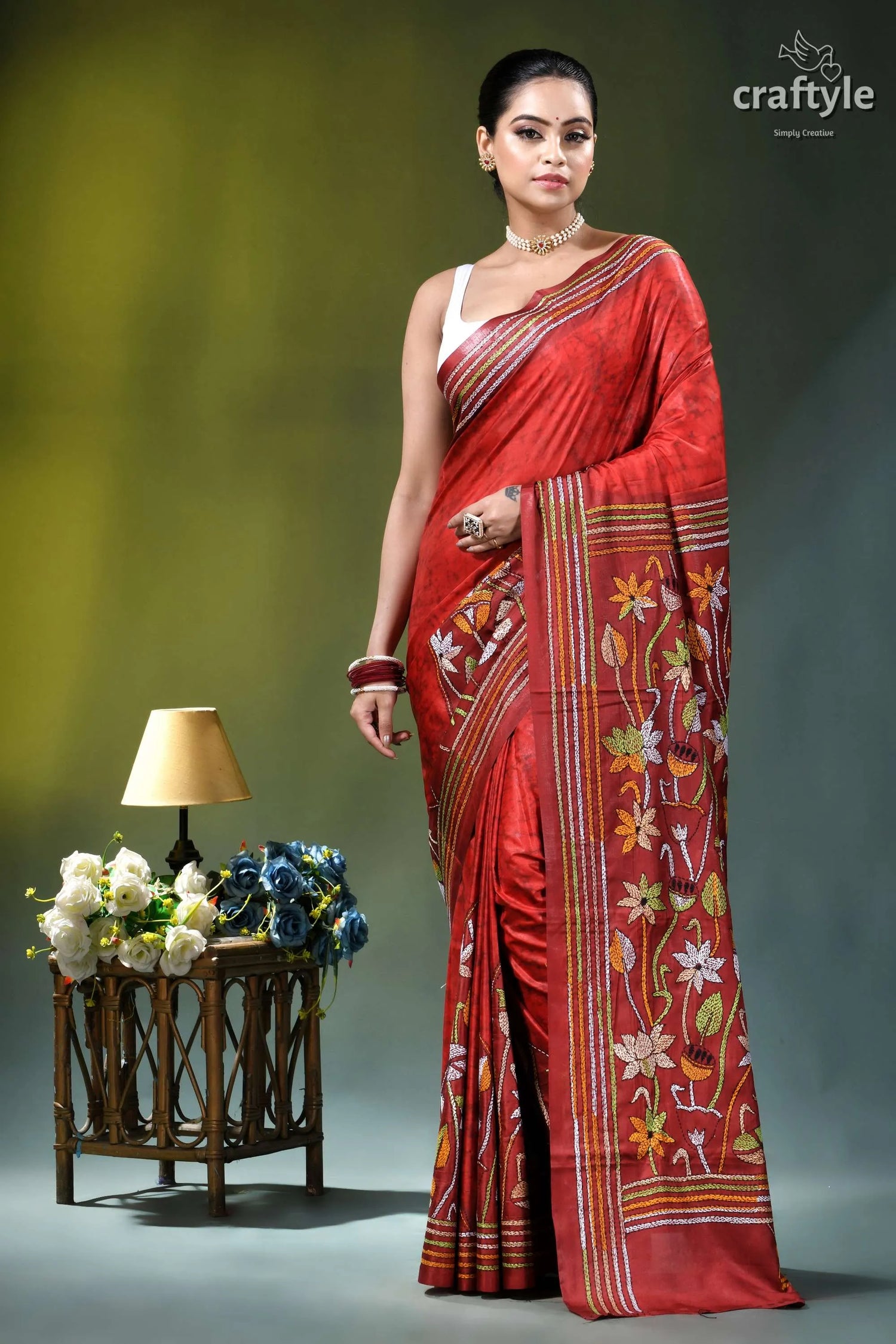 Jasper red floral design hand batik kantha silk saree rich red silk saree adorned 1