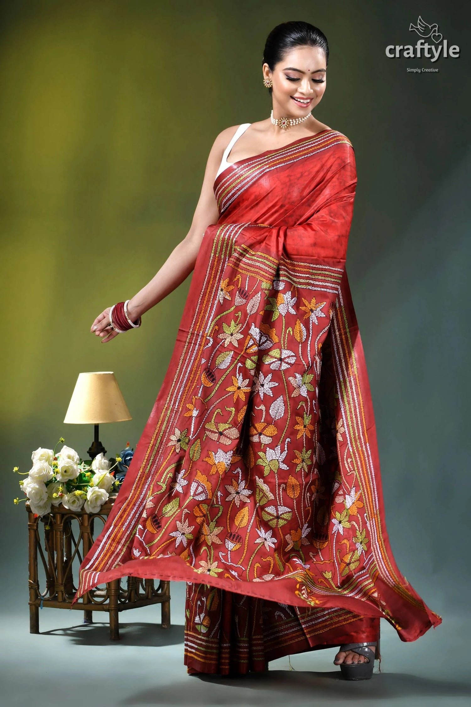 Jasper red floral design hand batik kantha silk saree vibrant red silk saree adorned 4