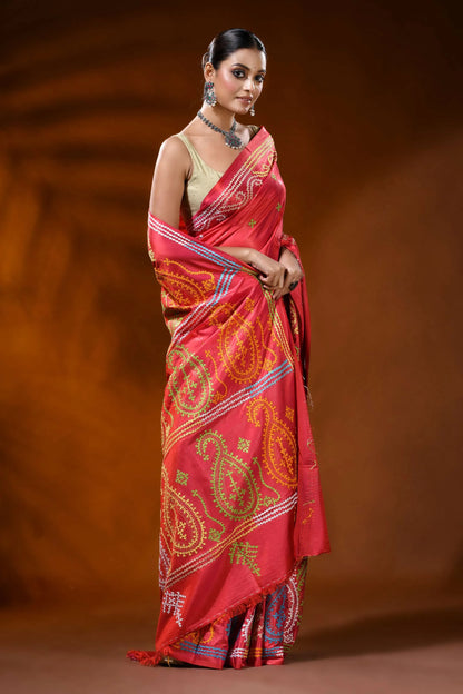 Jasper red silk kutch work saree hand embroidered paisley design 4