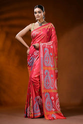 Jasper red silk kutch work saree hand embroidered paisley design 1