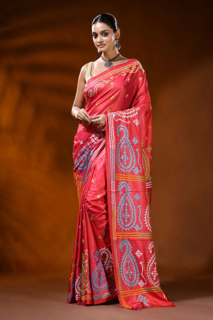 Jasper red silk kutch work saree hand embroidered paisley design 6