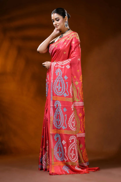 Jasper red silk kutch work saree hand embroidered paisley design 3