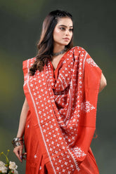 Jasper red silk saree with geometric handcrafted kutch work design 2