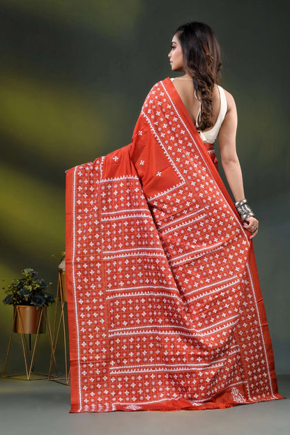 Jasper red silk saree with geometric handcrafted kutch work design 4