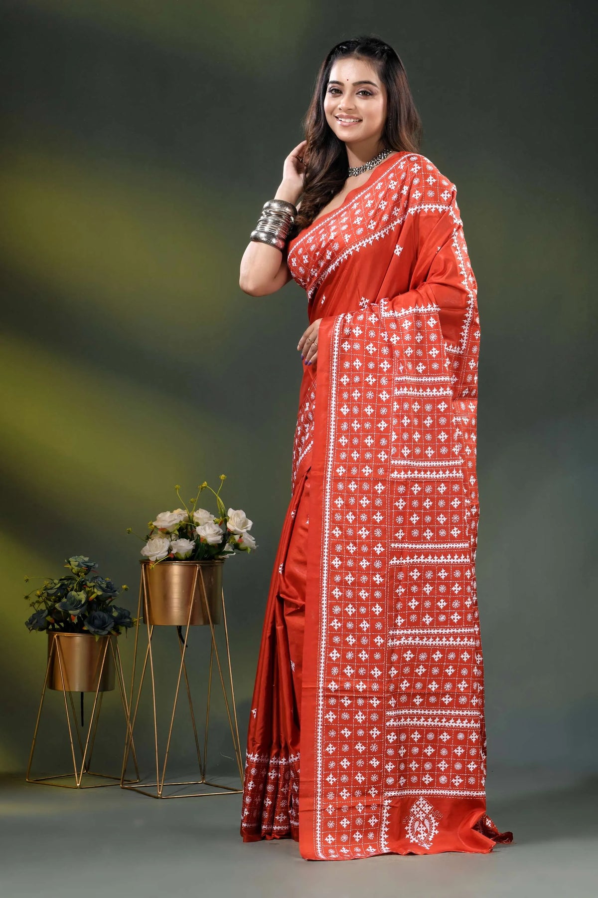 Jasper red silk saree with geometric handcrafted kutch work design 7