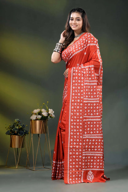 Jasper red silk saree with geometric handcrafted kutch work design 7