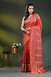 Jasper red silk saree with geometric handcrafted kutch work design 1