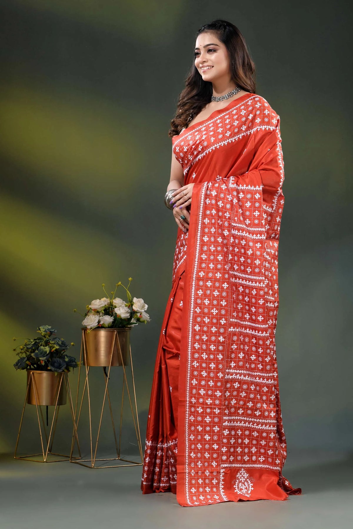 Jasper red silk saree with geometric handcrafted kutch work design 3