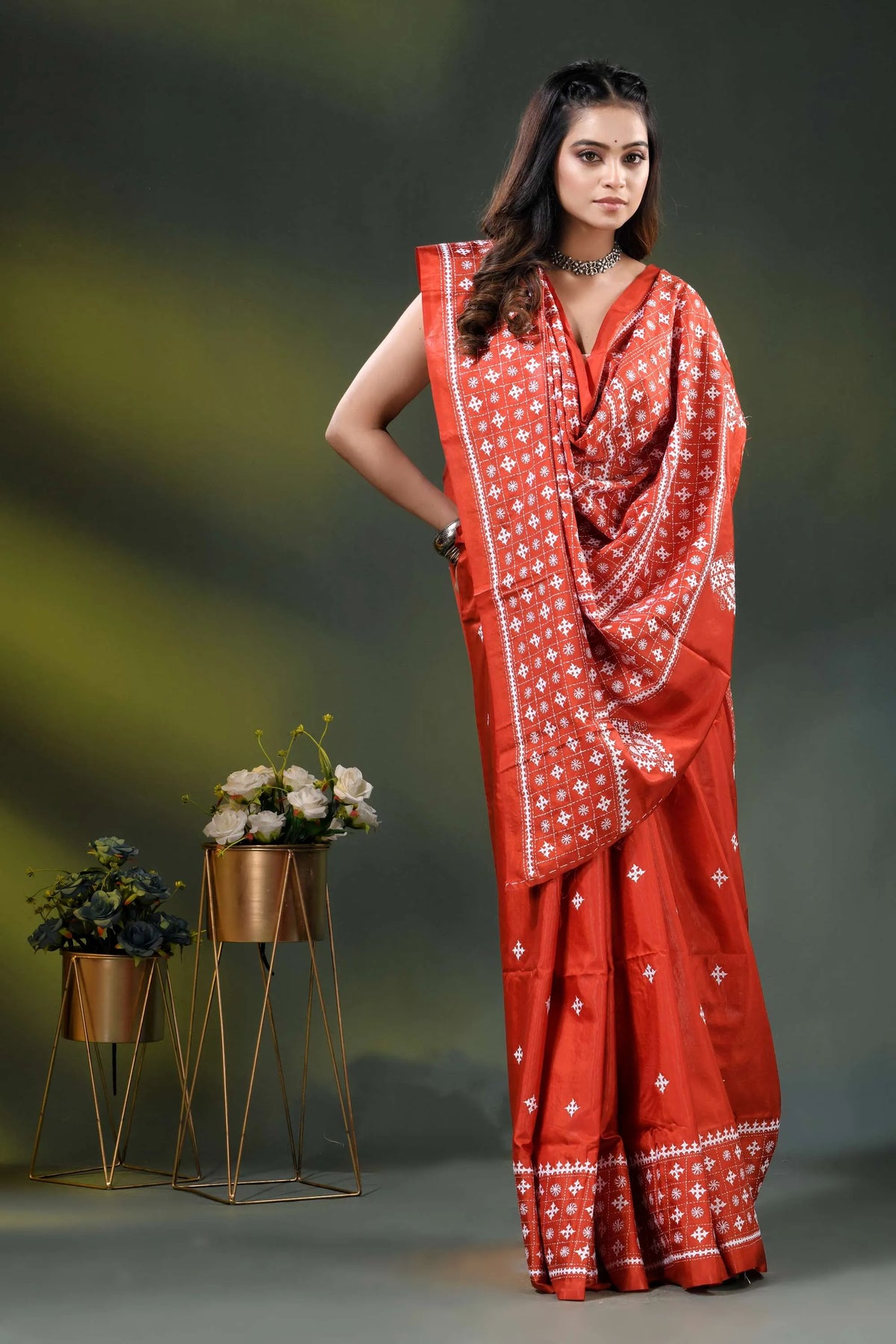 Jasper red silk saree with geometric handcrafted kutch work design 5