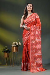 Jasper red silk saree with geometric handcrafted kutch work design 6
