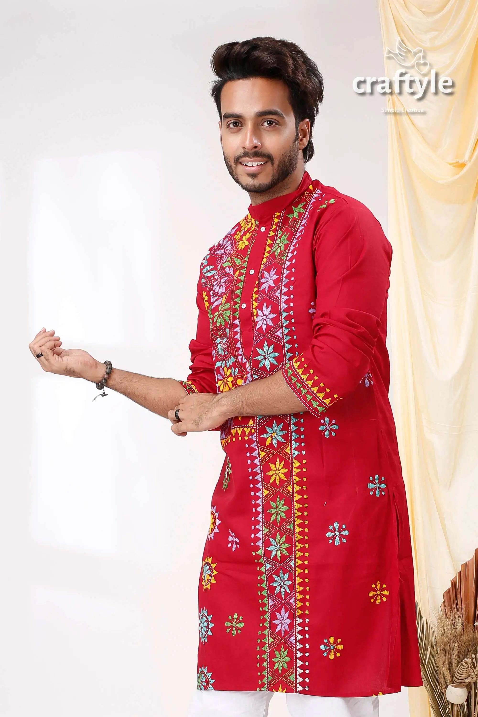 Jazzberry jam color multithread kantha work cotton ethnic punjabi for men red embroidered kurta 2