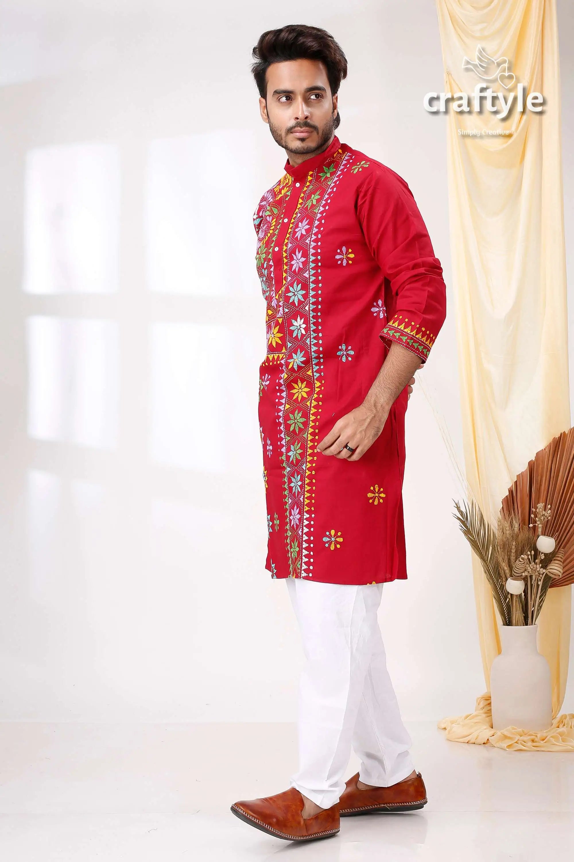 Jazzberry jam color multithread kantha work cotton ethnic punjabi for men red embroidered kurta white pants 3