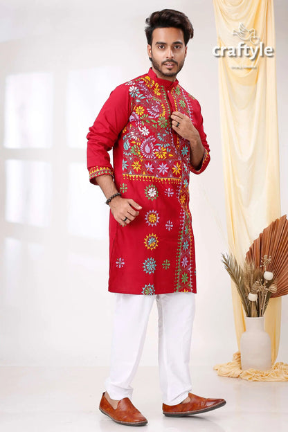 Jazzberry jam color multithread kantha work cotton ethnic punjabi for men red embroidered kurta white pants 4