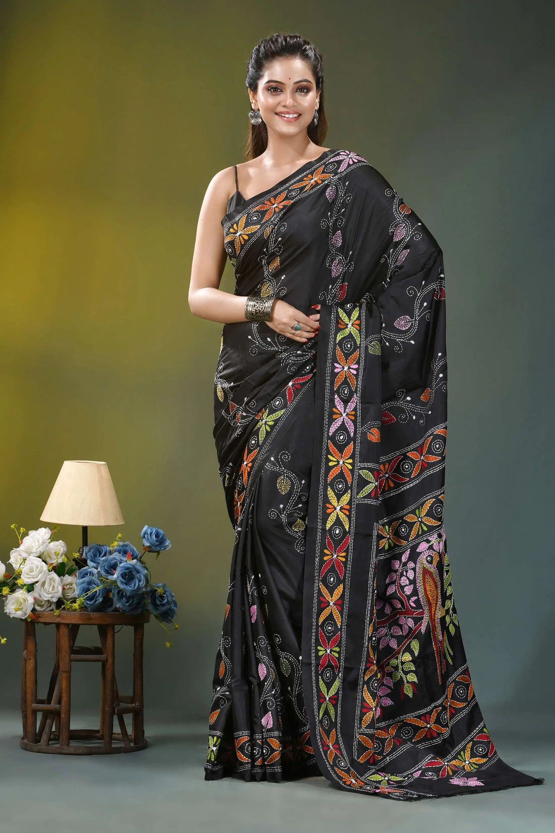 Jet black bird motif hand embroidery silk kantha saree black silk saree intricate multicolored 1