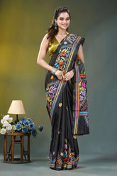 Jet black ethnic design hand embroidered silk kantha saree black silk saree vibrant multicolored 4