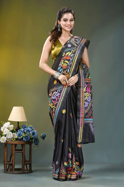 Jet black ethnic design hand embroidered silk kantha saree black silk saree vibrant multicolored 4