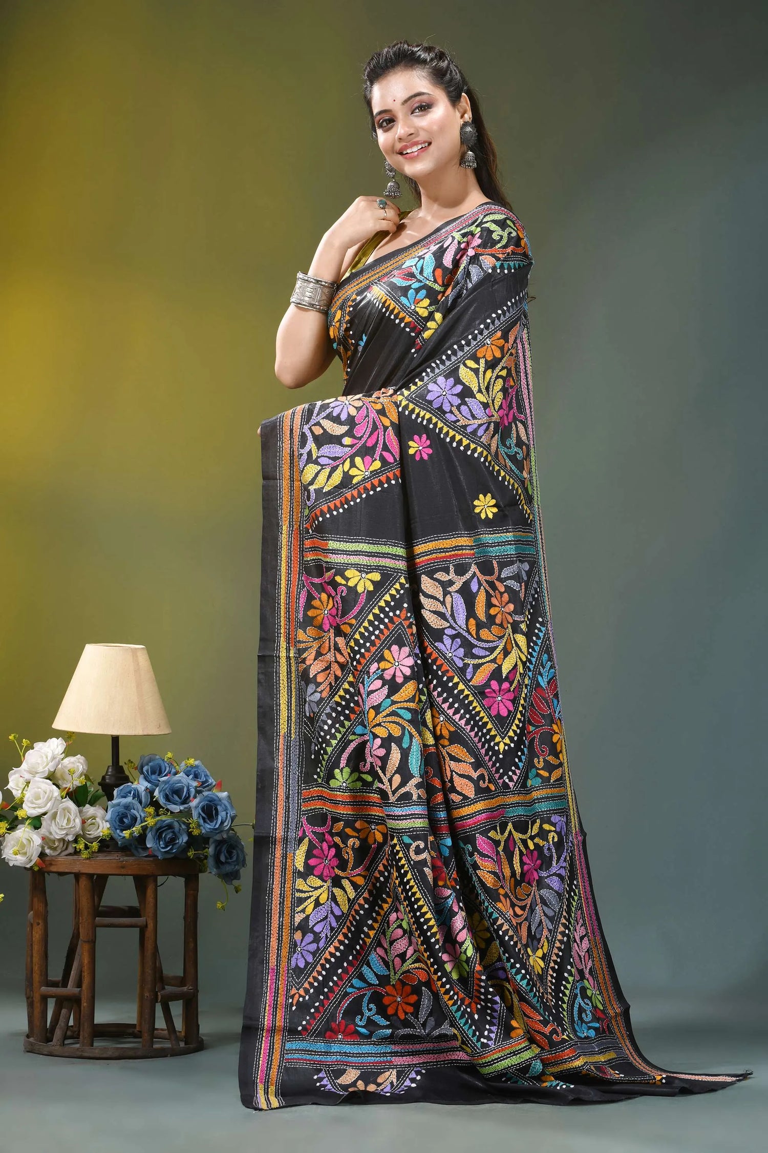 Jet black ethnic design hand embroidered silk kantha saree black silk saree vibrant multicolored 3